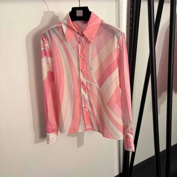 Design Abstract Print Pink Silk Shirt and Skirt Set - 4