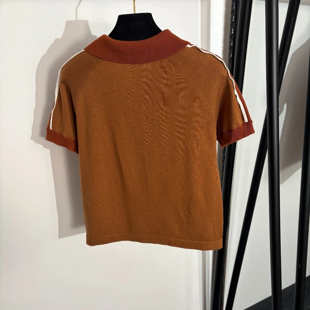 Miu Knitwear Short-Sleeve Knit Polo Top with Contrast Sleeve Stripes image 3