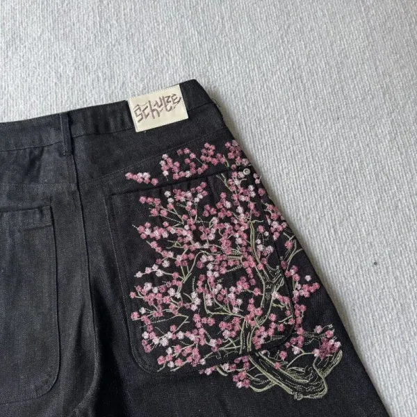 Design Embroidered Cherry Blossom Denim Shorts Black - 17