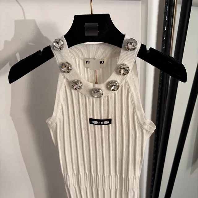 Miu Dresses Sleeveless ribbed knit dress with crystal-embellished neckline product detail image 4