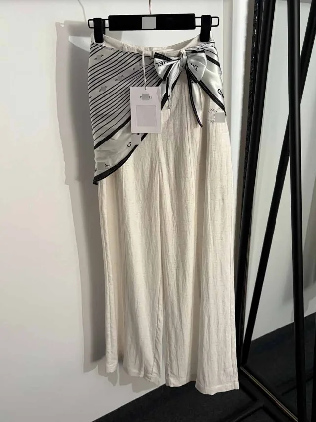 Chanel Trousers Wide-Leg with Logo-Print Scarf Waist Detail product detail image 2
