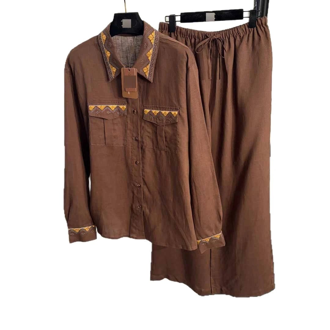 Unbranded Matching Sets Embroidered two-pocket shirt and drawstring wide-leg trousers image 5