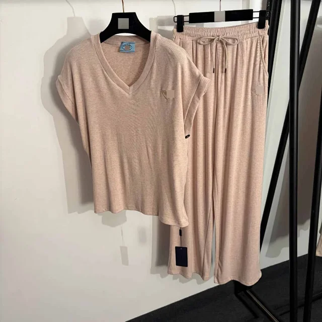 Unbranded Matching Sets V-neck short-sleeve top and drawstring wide-leg trousers set product detail image 2
