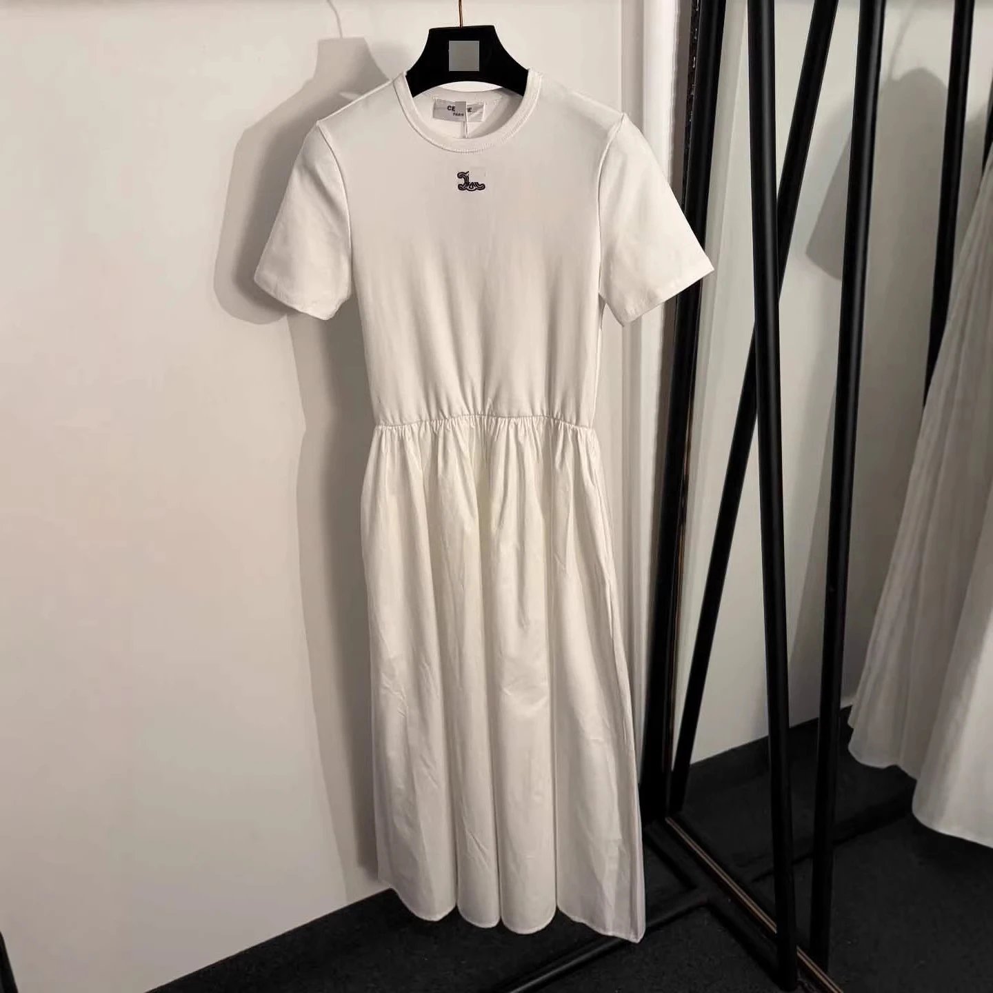 Celine Dresses Short-Sleeve Elastic-Waist Maxi Dress with Embroidered Chest Logo image 2