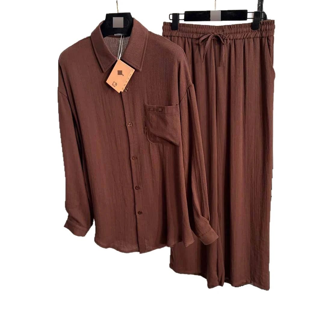 Unbranded Matching Sets Long-sleeve collared button-up shirt with chest pocket and drawstring wide-leg trousers image 5