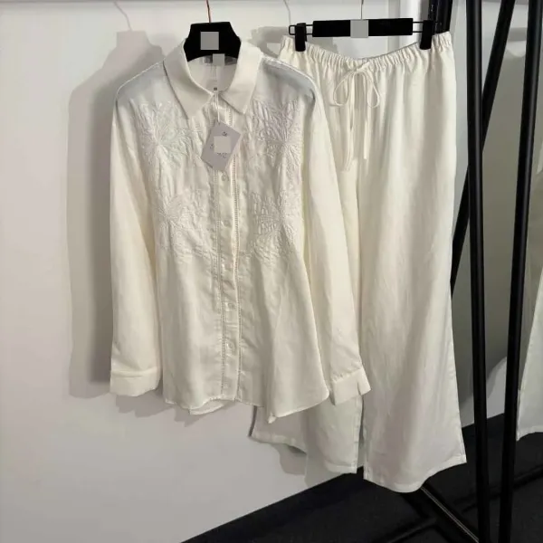 Design Embroidered Linen Shirt and Drawstring Pants Set Beige - 4
