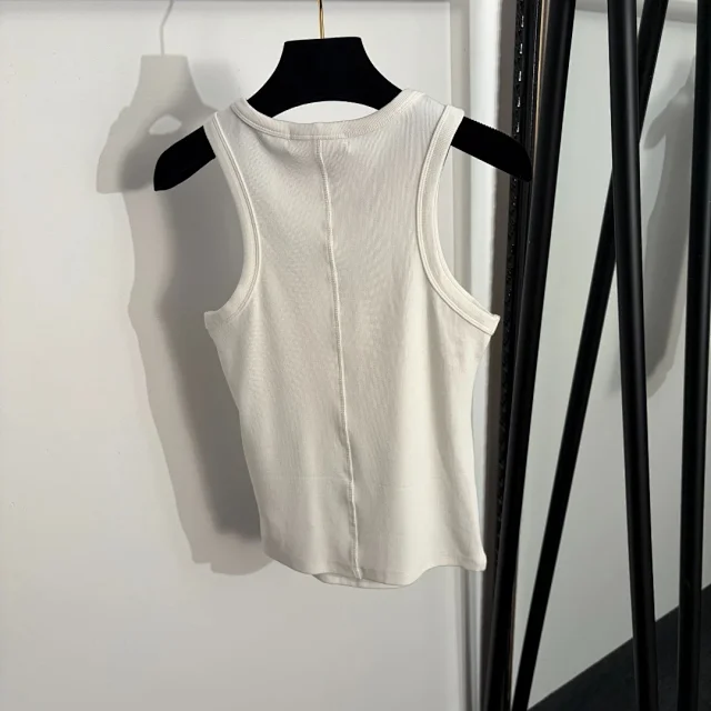 Celine Vests Ribbed sleeveless tank top with gold Triomphe emblem product detail image 3