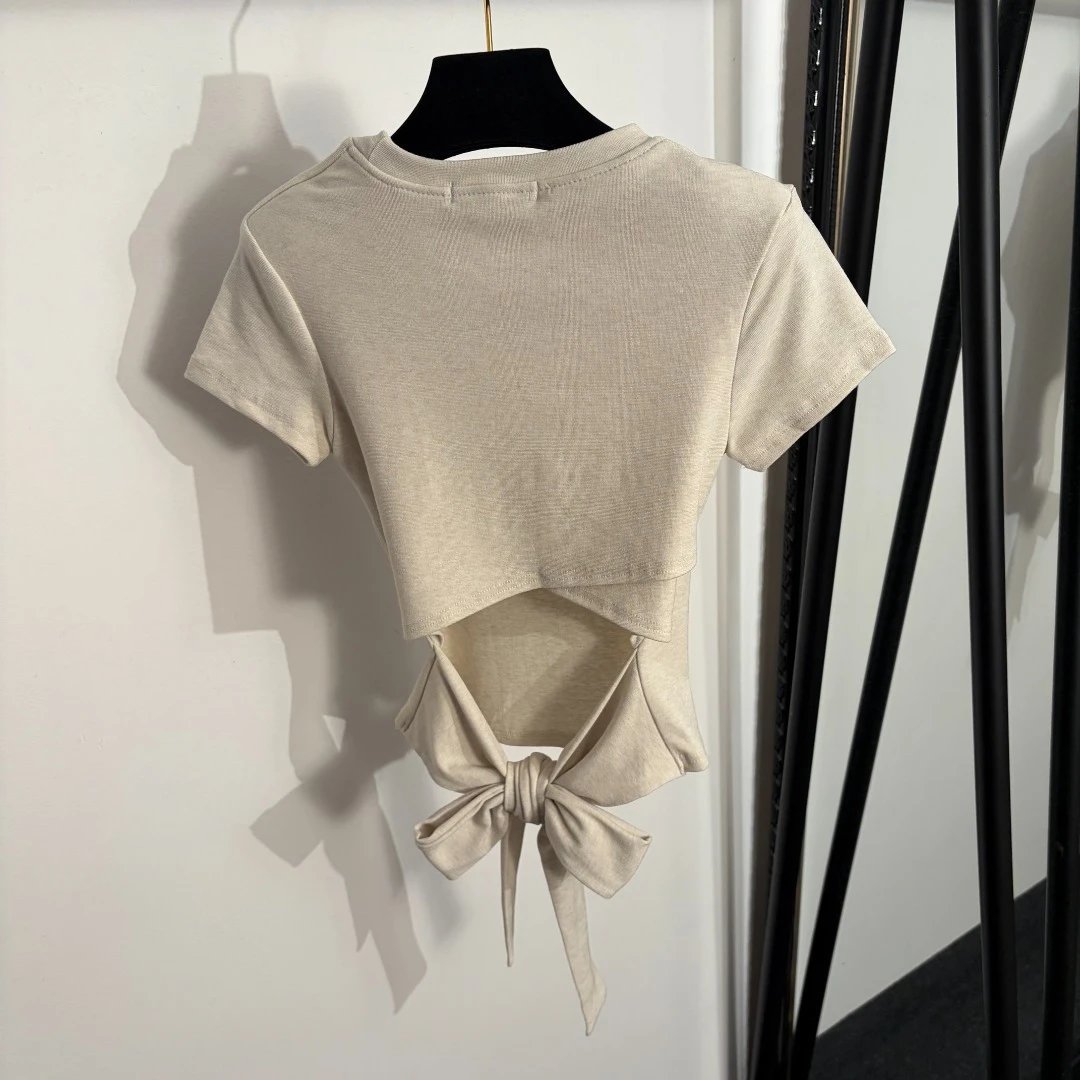 Design Knotted Hem T-Shirt and Drawstring Waist Pants Set Beige - 5