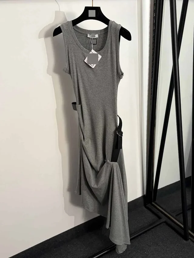 Unbranded Dresses Sleeveless ribbed dress with side belt and draped asymmetric hem product detail image 2