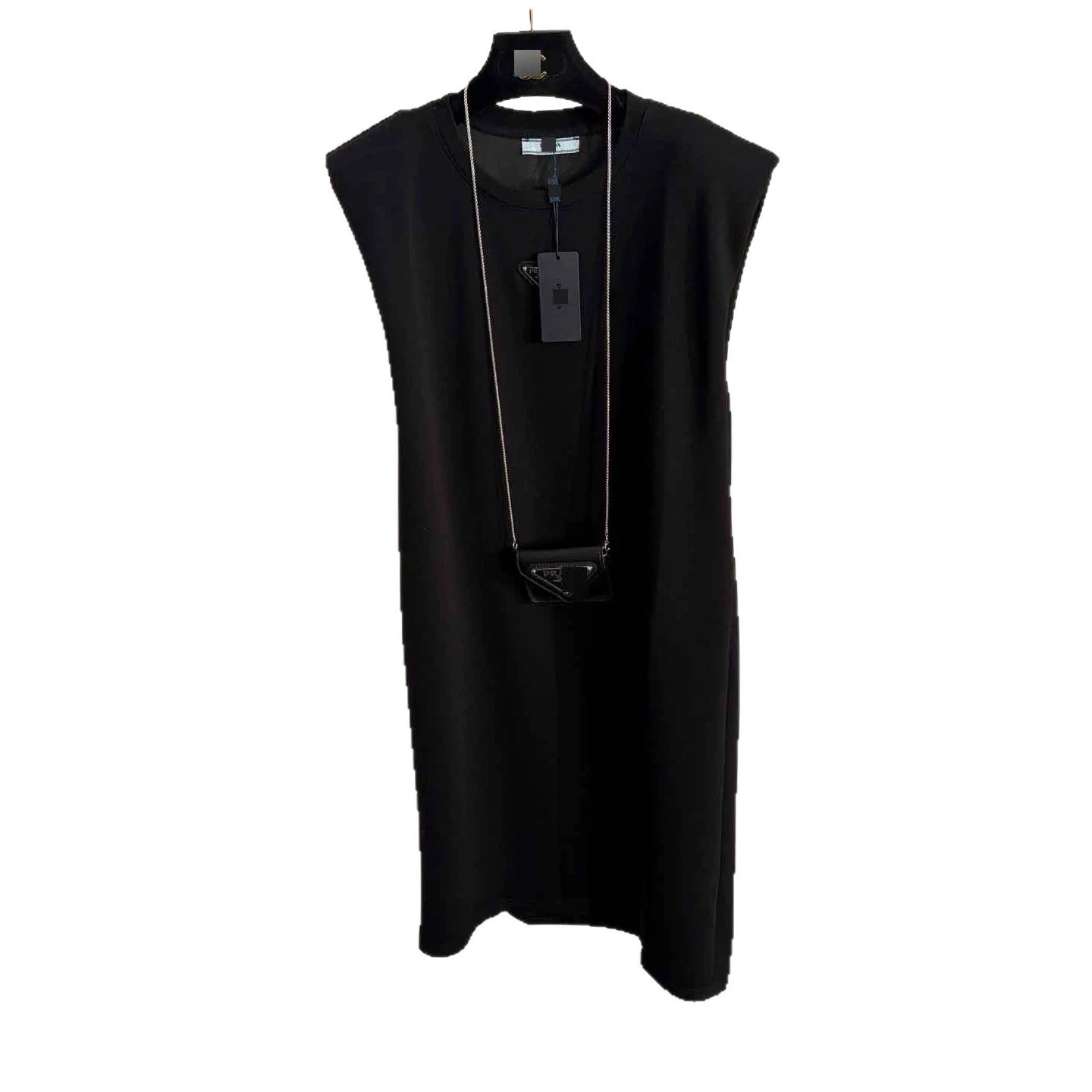 Prada Dresses Sleeveless padded-shoulder dress with triangle plaque and chain mini bag image 5