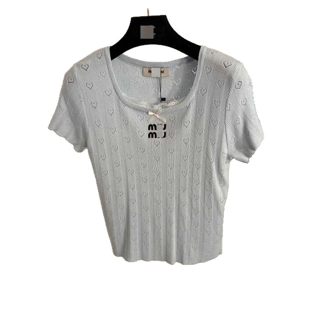 Miu Knitwear Short-Sleeve Heart Pointelle Knit Top with Bow Detail image 5