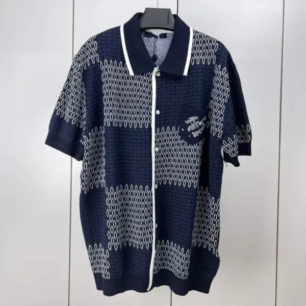 Design Knit Polo Shirt Navy with Geometric Pattern Tops Polo - 4