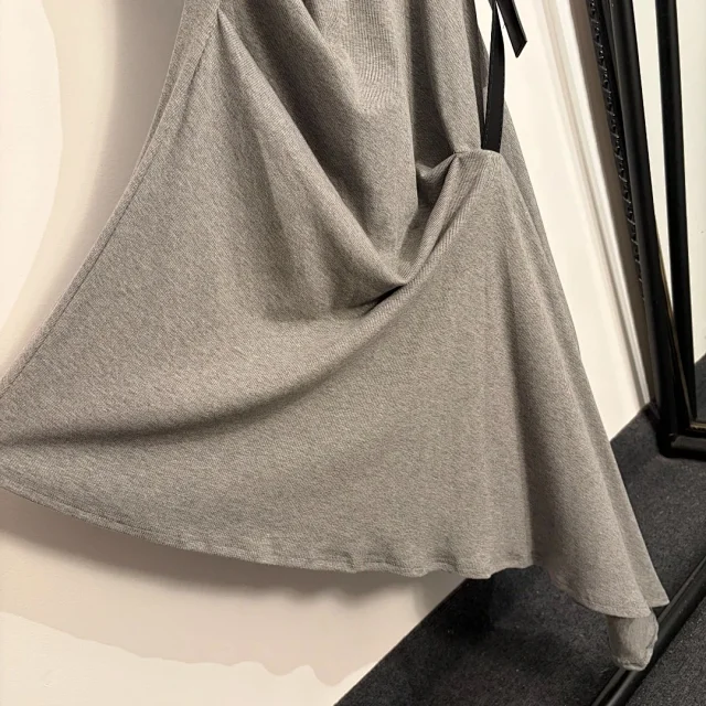 Unbranded Dresses Sleeveless ribbed dress with side belt and draped asymmetric hem product detail image 9