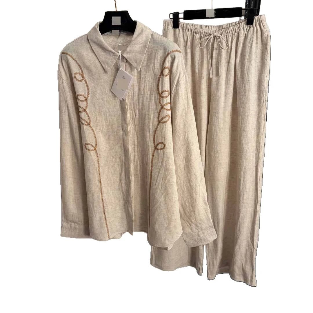 Unbranded Matching Sets Embroidered collared long-sleeve shirt and drawstring wide-leg trousers set image 5