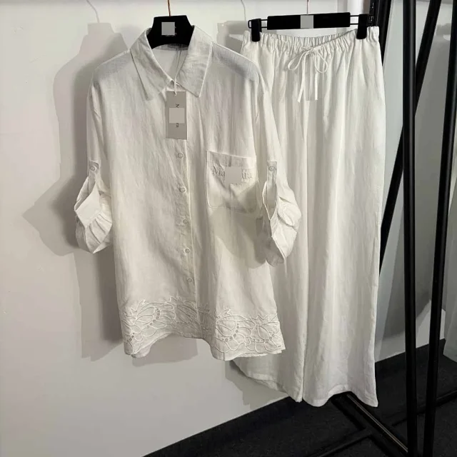 Unbranded Matching Sets Button-Up Shirt and Drawstring Trousers Set with Floral Cutwork Hem product detail image 2
