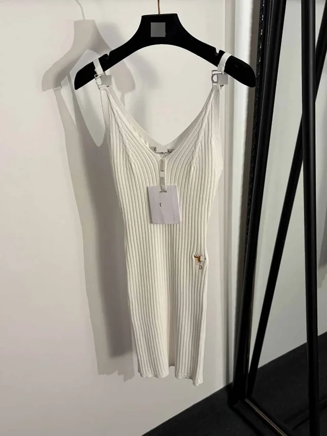 Dior Dresses Ribbed knit spaghetti-strap dress with bee embroidery product detail image 2