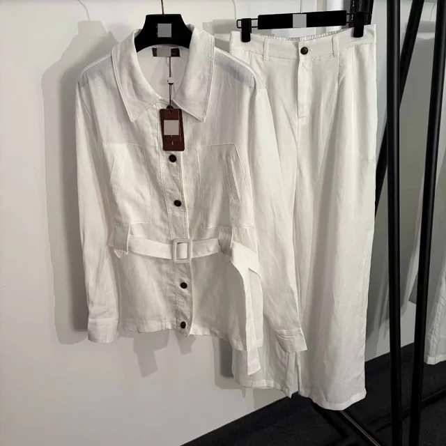 Unbranded Matching Sets Linen-look belted shirt and straight-leg trousers set product detail image 2