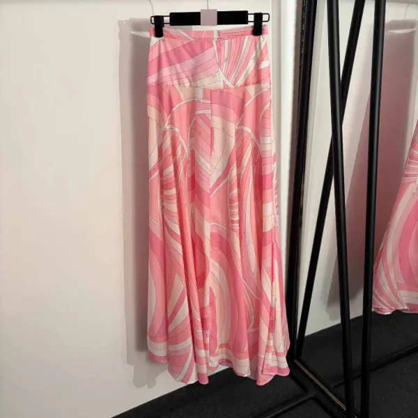 Design Abstract Print Pink Silk Shirt and Skirt Set - 6