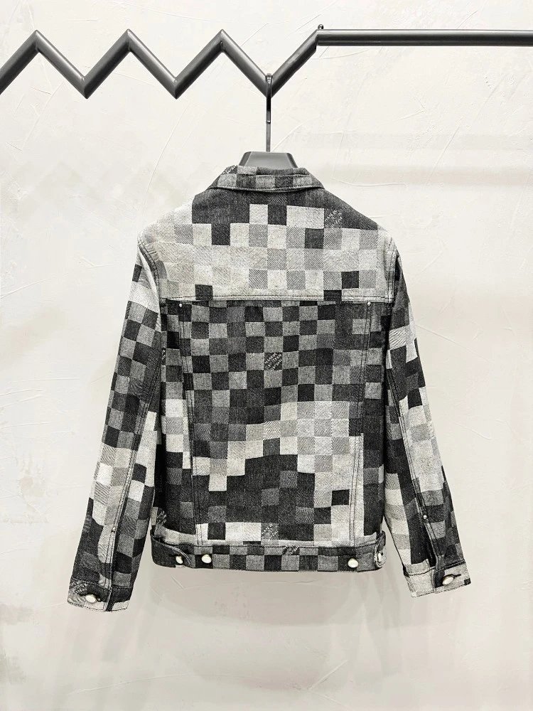 Design Pixelated Geometric Pattern Denim Jacket Outerwear - 25