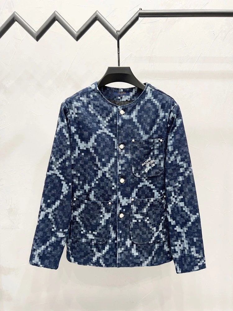 Design Pixelated Geometric Pattern Denim Jacket Outerwear - 30