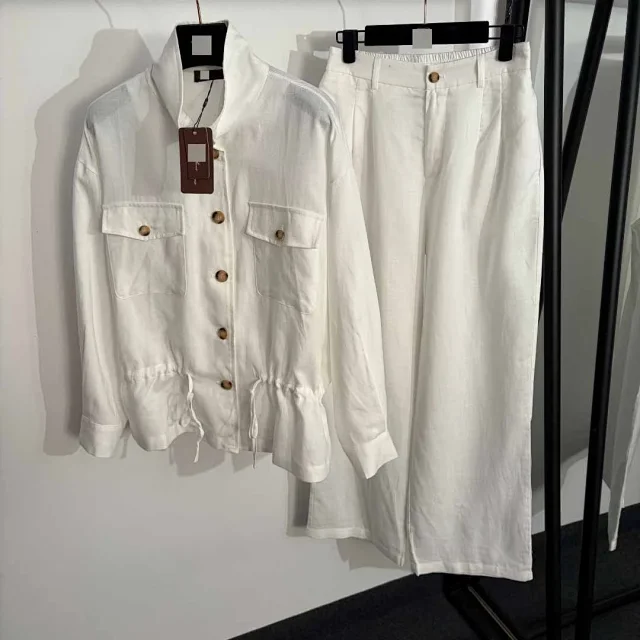 Unbranded Matching Sets Stand-Collar Drawstring-Waist Shirt and Wide-Leg Trousers Set product detail image 2
