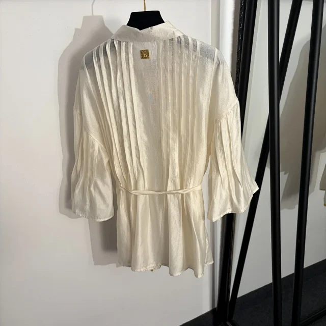 Unbranded Shirts Sheer pleated long-sleeve tie-waist blouse with gold-tone buttons product detail image 3
