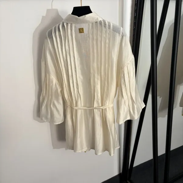 Design Pleated Silk Shirt Dress in Ivory with Gold Buttons - 4
