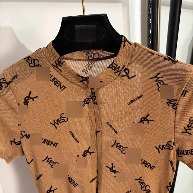 Saint Laurent Underwear Sheer mesh short-sleeve zip-front monogram bodysuit product detail image 4