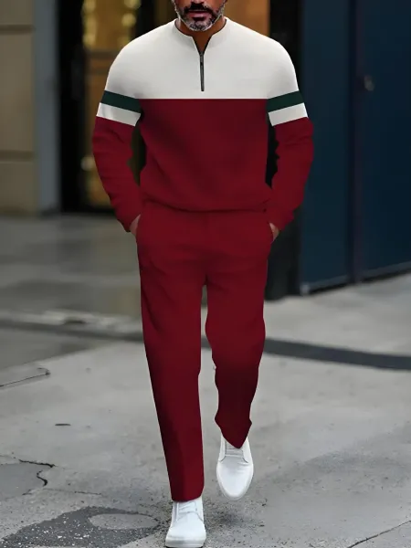 Design Colorblock Half-Zip Sweater White with Multicolor Sleeve Print and Navy Dress Pants - 10
