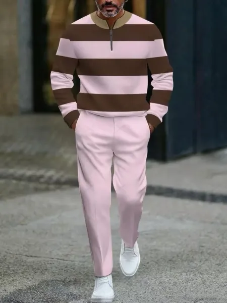 Design Colorblock Half-Zip Sweater White with Multicolor Sleeve Print and Navy Dress Pants - 18