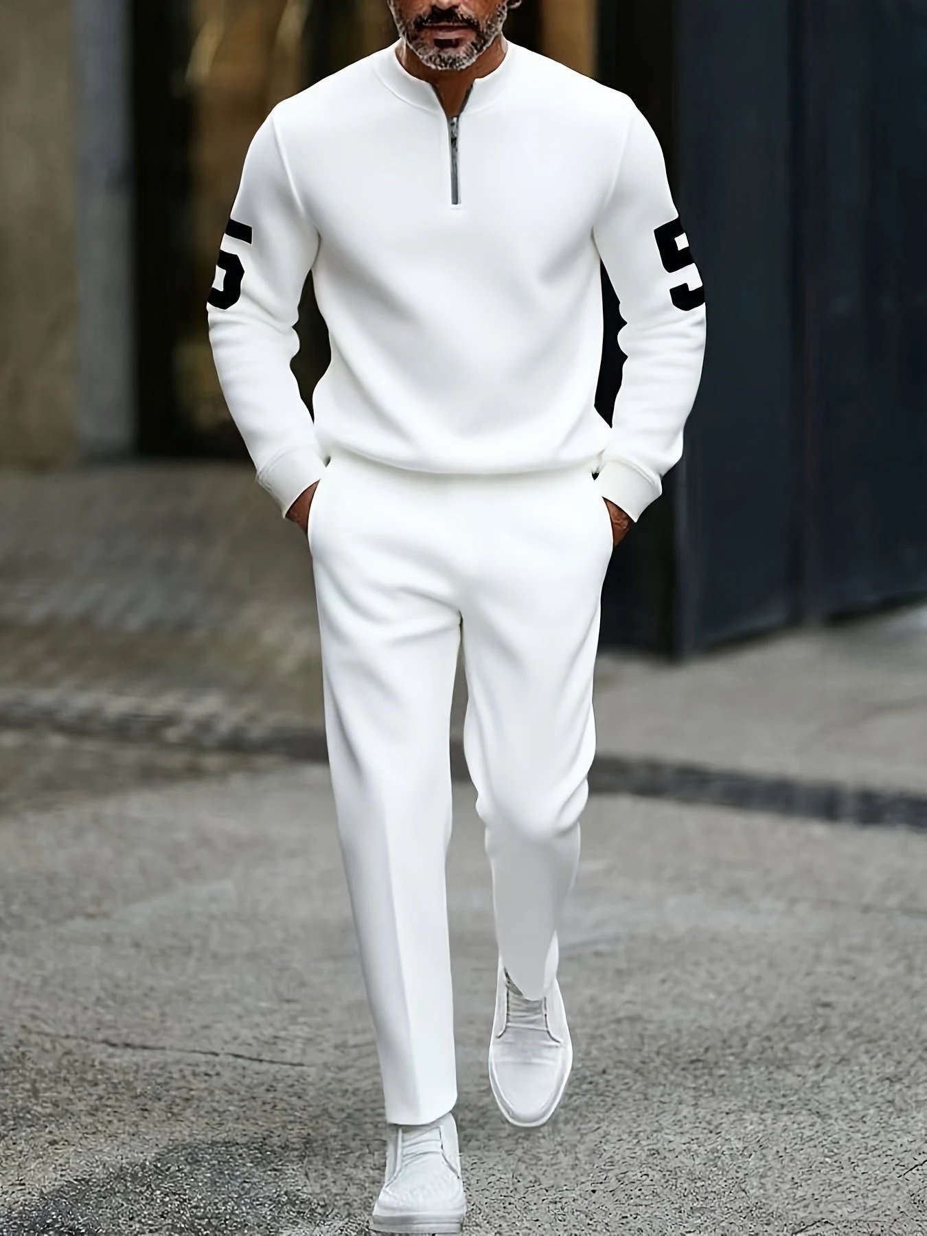 Design Colorblock Half-Zip Sweater White with Multicolor Sleeve Print and Navy Dress Pants - 26
