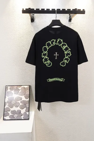 Chrome Hearts Circle Cross Black T-Shirt with Neon Green Embroidery - 5