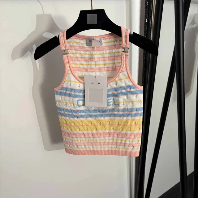 Chanel Knitwear Striped knit tank top with logo motifs product detail image 2