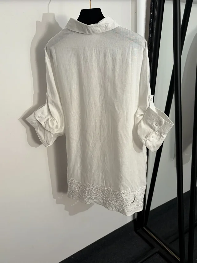 Unbranded Matching Sets Button-Up Shirt and Drawstring Trousers Set with Floral Cutwork Hem product detail image 4