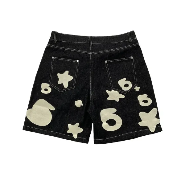 Design Denim Shorts with Silver Numeric and Star Print - 9