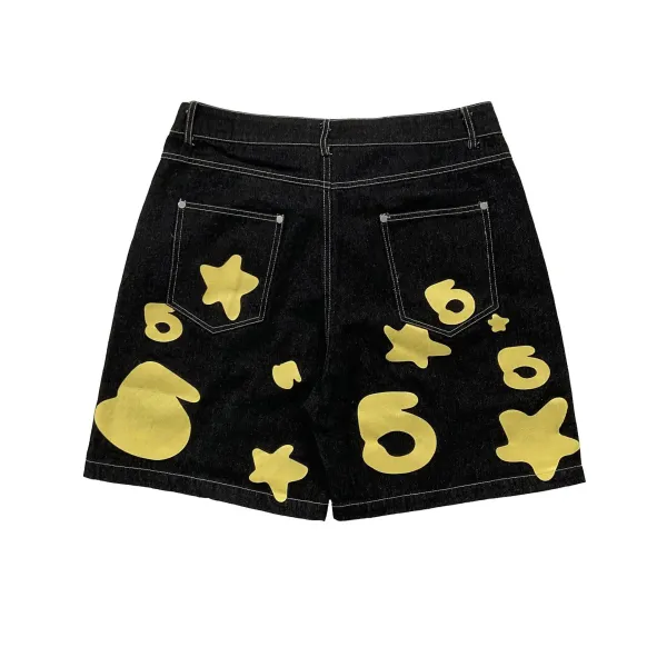 Design Denim Shorts with Silver Numeric and Star Print - 12
