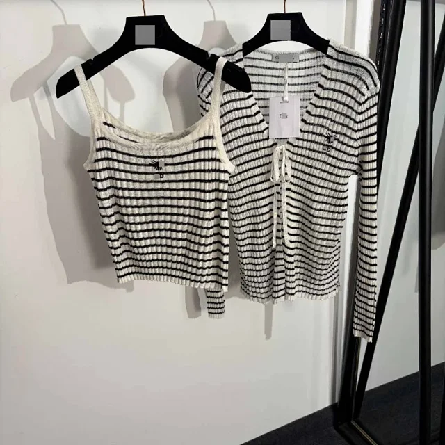 Unbranded Matching Sets Rib-knit cardigan and camisole set with bee embroidery product detail image 2