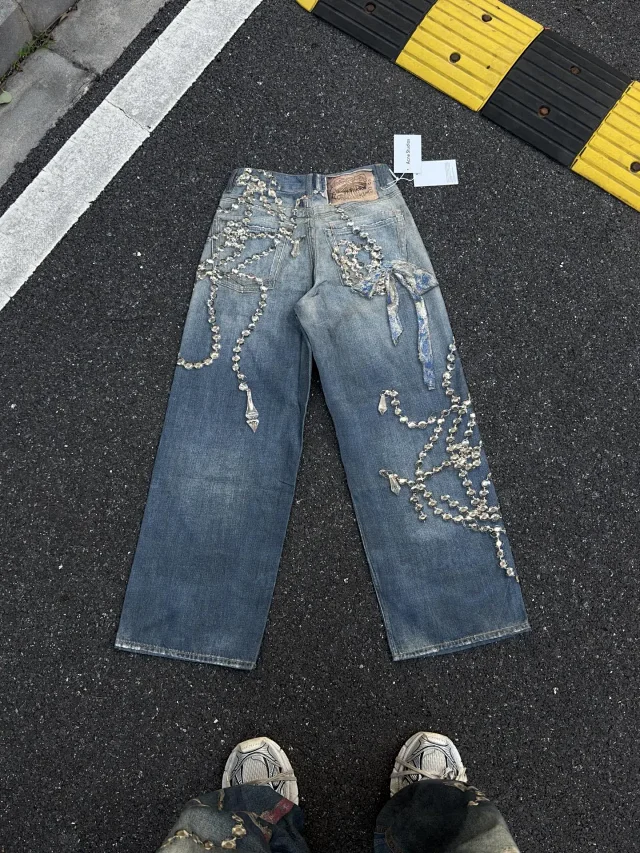 Acne Studios Jeans Wide-Leg Rhinestone Chain and Bow product detail image 17