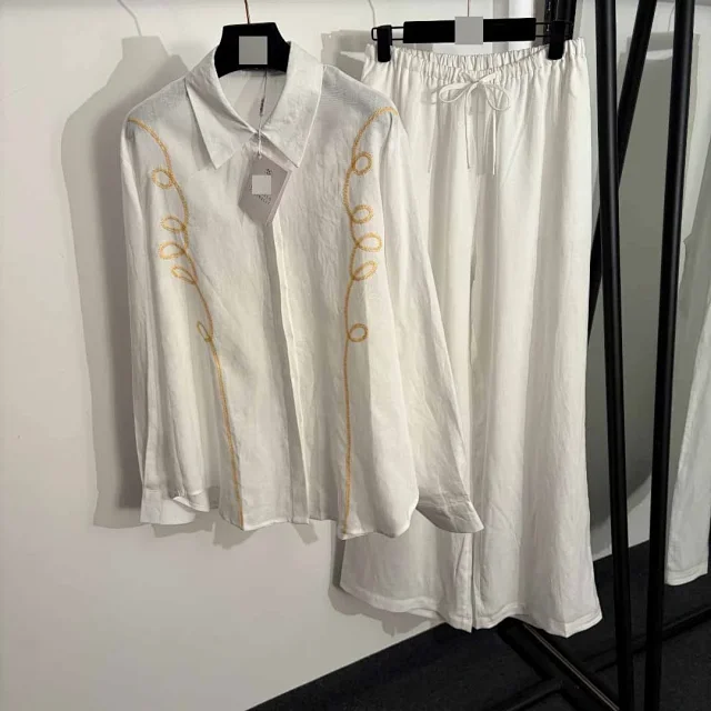 Unbranded Matching Sets Embroidered collared long-sleeve shirt and drawstring wide-leg trousers set product detail image 2