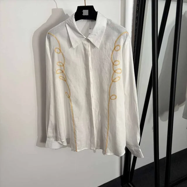 Unbranded Matching Sets Embroidered collared long-sleeve shirt and drawstring wide-leg trousers set product detail image 3