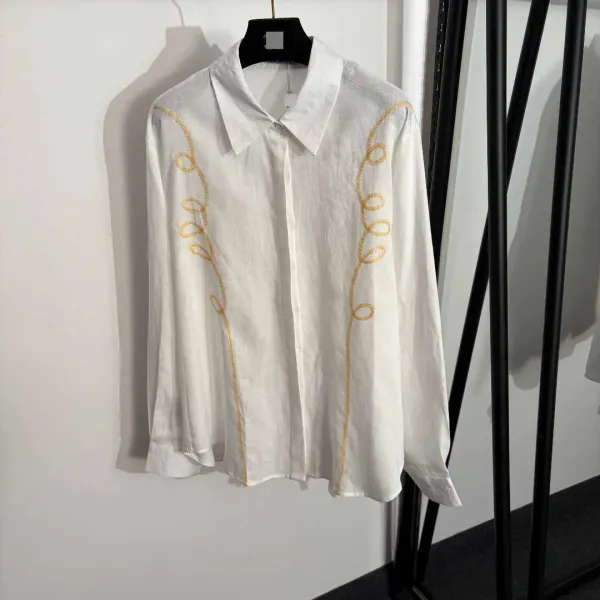 Design Embroidered Vine Motif Shirt and Wide-Leg Pants Set White - 4