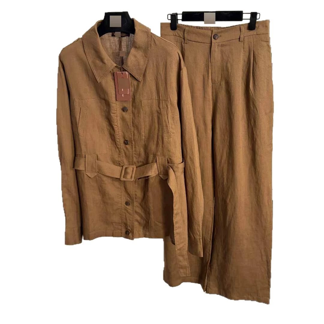 Unbranded Matching Sets Linen-look belted shirt and straight-leg trousers set image 5