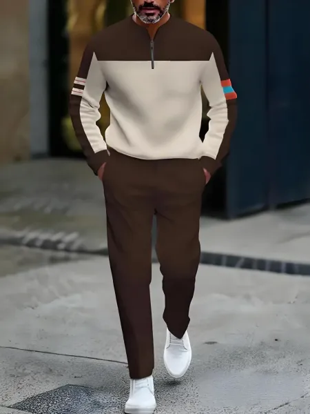 Design Colorblock Half-Zip Sweater White with Multicolor Sleeve Print and Navy Dress Pants - 11