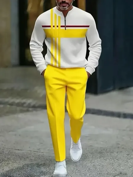 Design Colorblock Half-Zip Sweater White with Multicolor Sleeve Print and Navy Dress Pants - 24