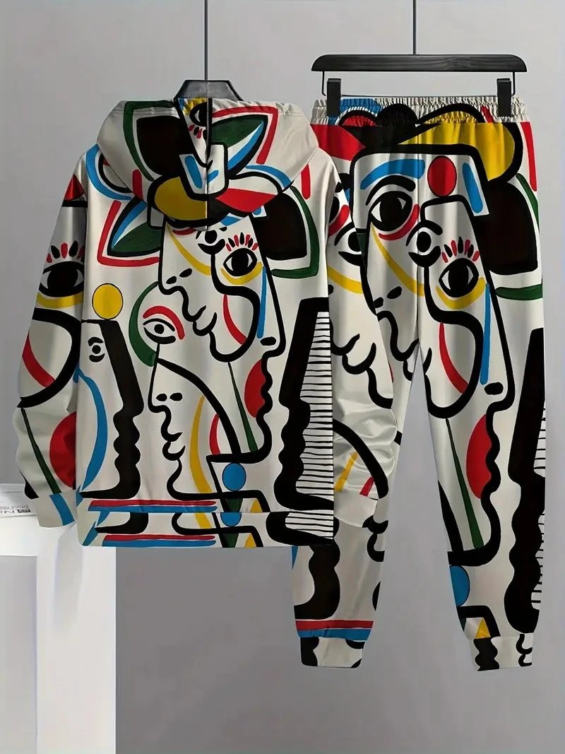 Design Abstract Face Print Hoodie and Sweatpants Set Multicolor Tracksuit - 13