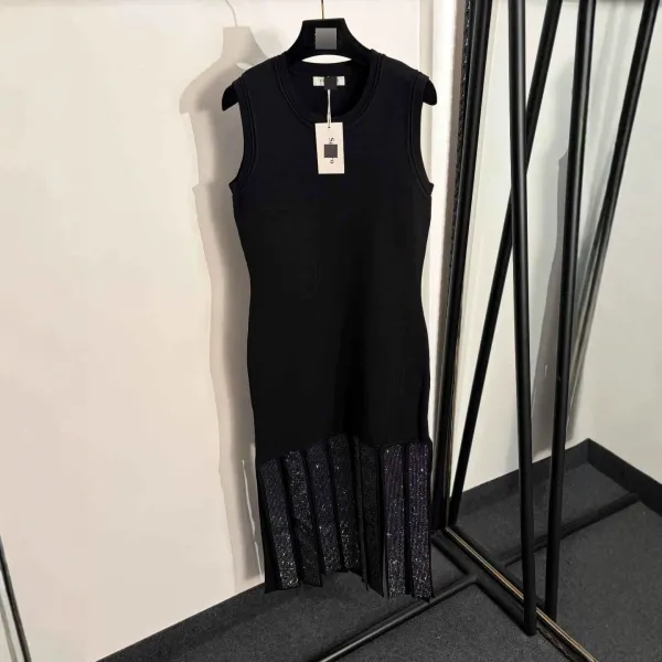 Design Sleeveless Knit Dress with Rhinestone Hem Black Dress - 4