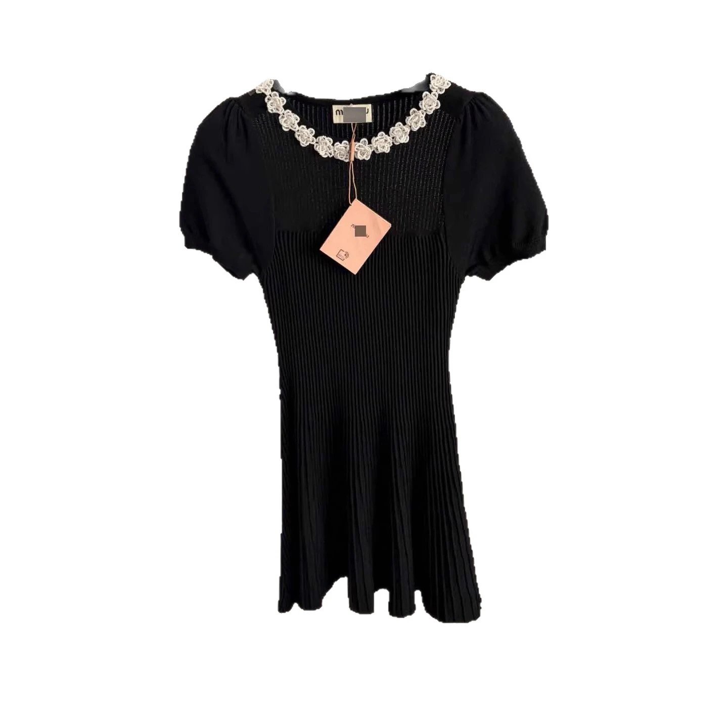 Miu Dresses Ribbed knit dress with puff sleeves and floral-trimmed round neckline image 5