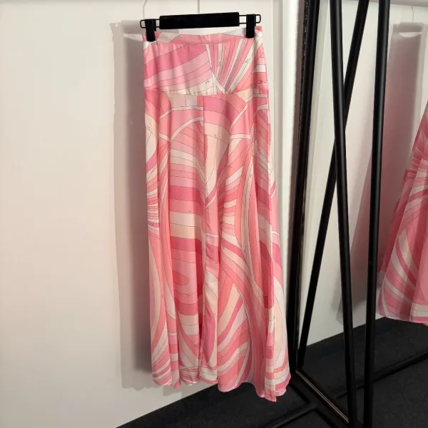 Design Abstract Print Pink Silk Shirt and Skirt Set - 7