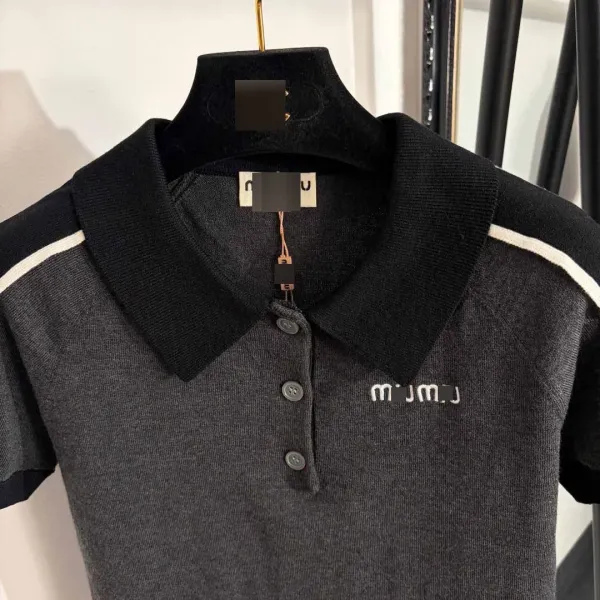Miu Miu Knit Polo Shirt in Charcoal Gray with Contrast Trim - 5