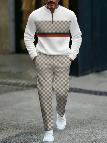 Design Colorblock Half-Zip Sweater White with Multicolor Sleeve Print and Navy Dress Pants - 9